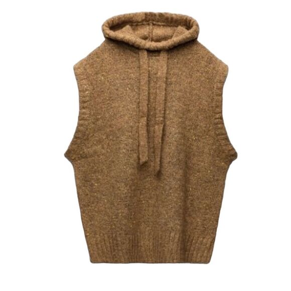 (SOLD) ZARA Sleeveless Hooded Oversized Chunky Knit Sweater Brown Tan M - Picture 8 of 10
